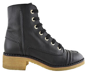 Chanel 20P Black Calfskin Leather CC Combat Lace Up Biker Ankle Short Boots 38.5